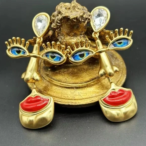 Vintage Surrealism Gold Blue Eyes Earrings - Picture 3 of 11